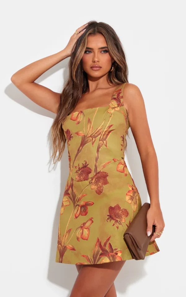 Green Floral Corset A Line Shift Dress
