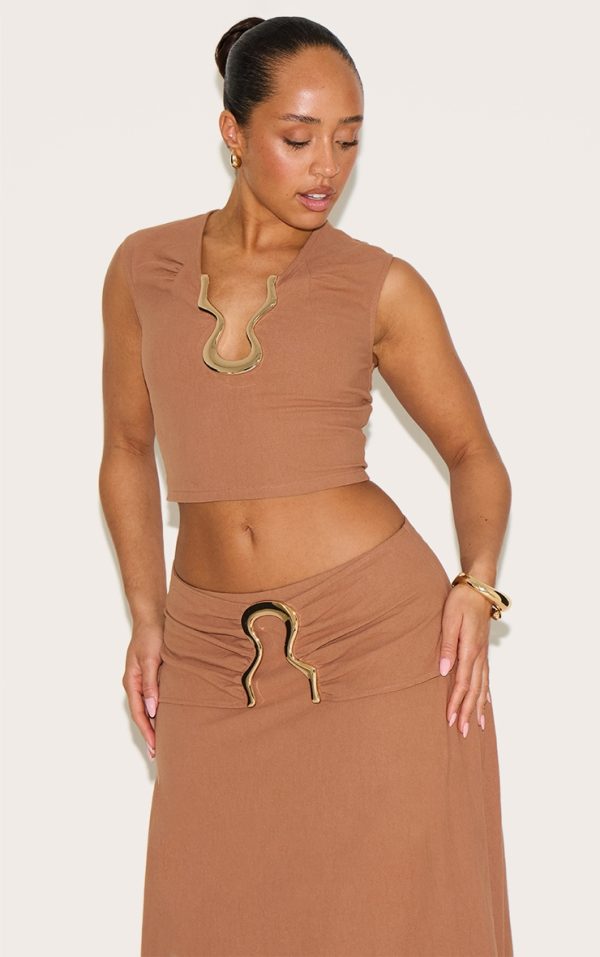 Shape Mocha Linen Look Gold Wave Trim Crop Top