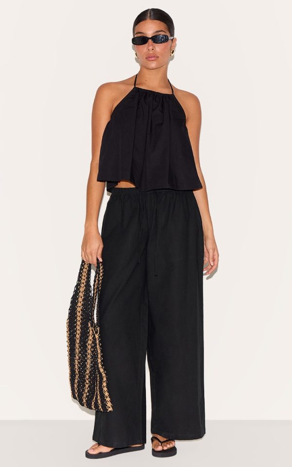 Petite Black Linen Drawstring Waist Pants