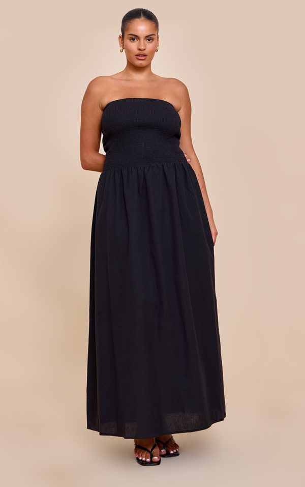Plus Black Bandeau Shirred Detail Maxi Dress