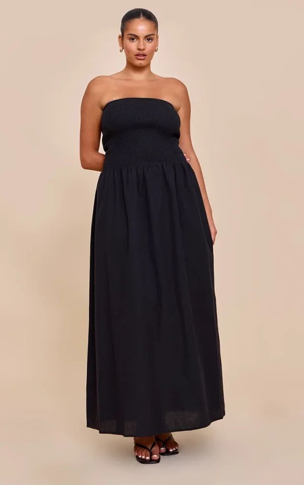 Plus Black Bandeau Shirred Detail Maxi Dress