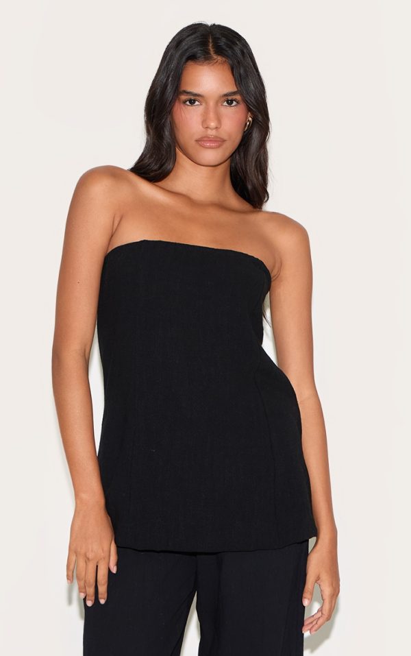 Black Linen Look Bandeau Long Line Top