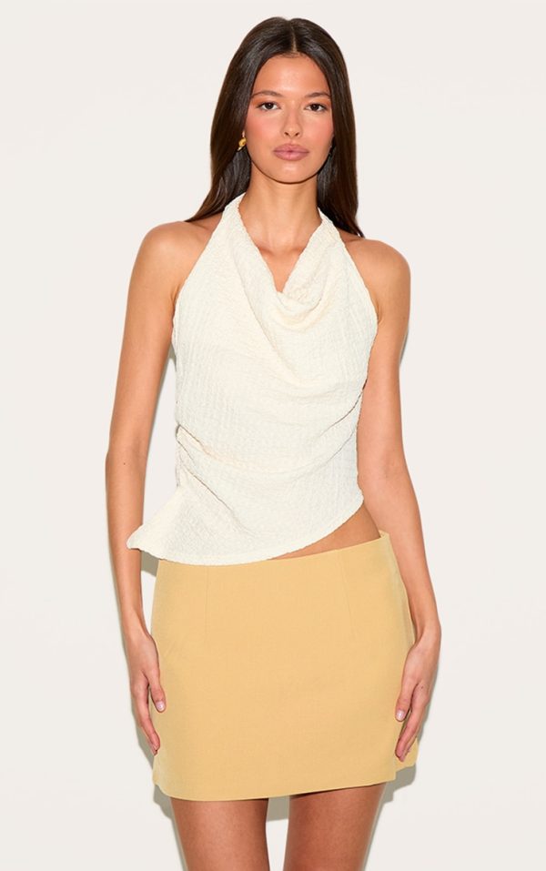 Cream Textured Cowl Neck Asymmetric Hem Long Top