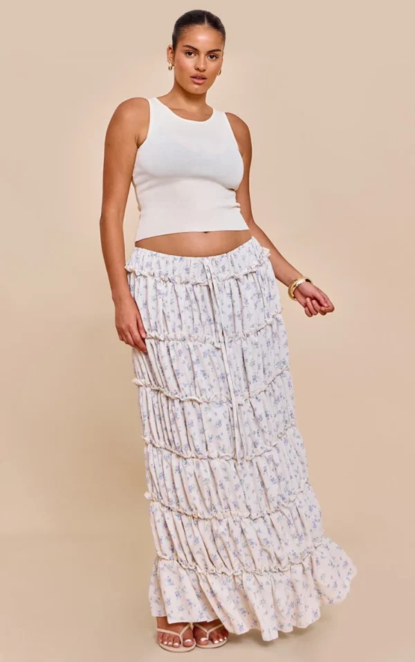 Plus Blue Ditsy Floral Print Tiered Maxi Skirt