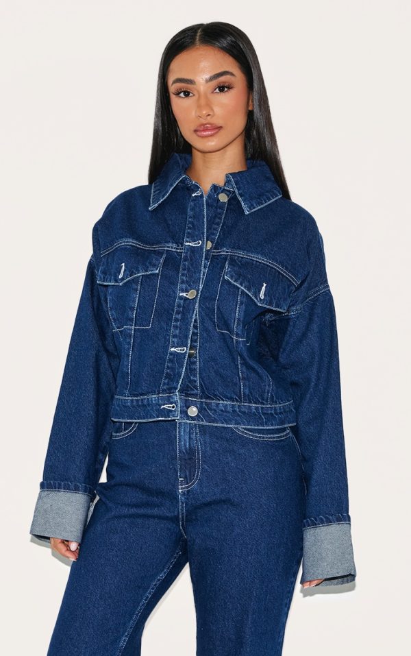 Petite Indigo Denim Turn Up Sleeve Cropped Jacket