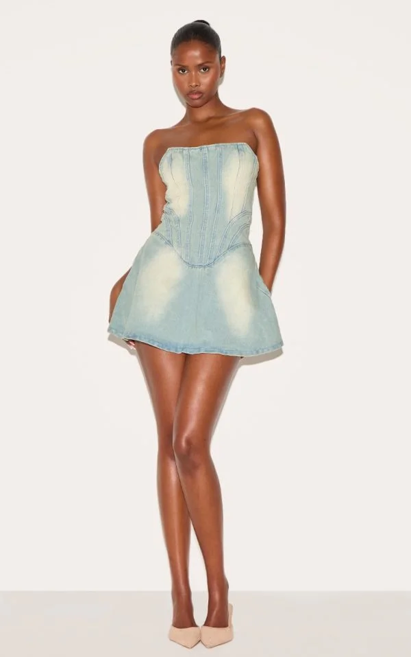 Light Blue Wash Seam Detail Mini Dress