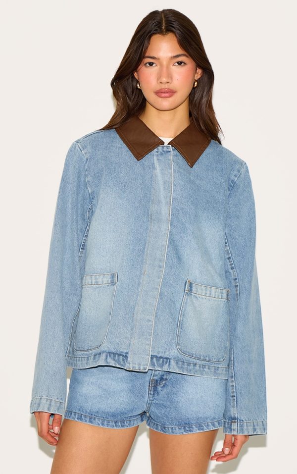 Light Vintage Blue Brown Collar Denim Jacket