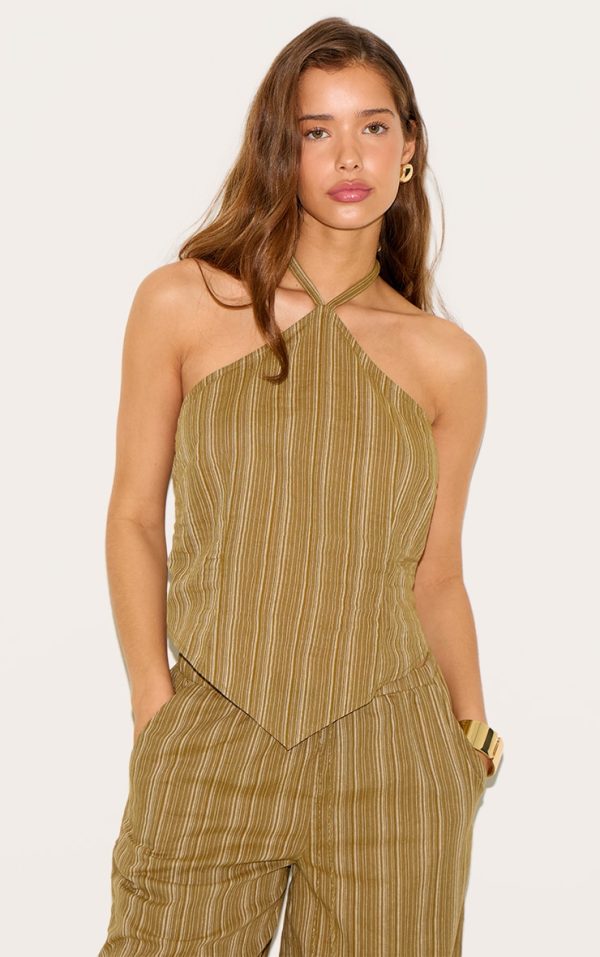 Khaki Pinstripe Halter Neck Pointed Hem Top