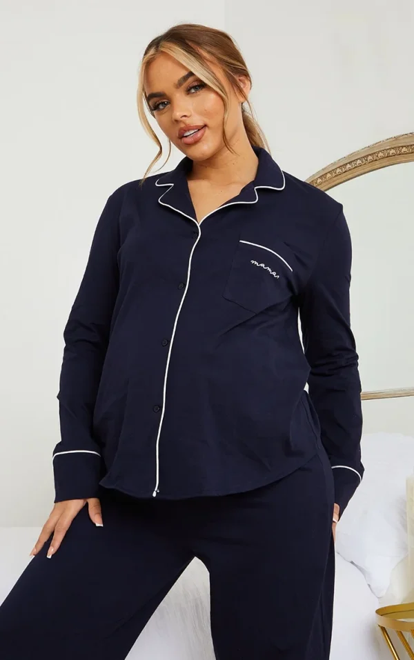 Maternity Navy Mama Long Sleeve Button Up PJ Top