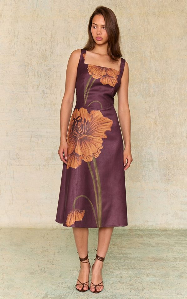 Dark Chocolate Floral Printed Square Neck Midaxi Dress
