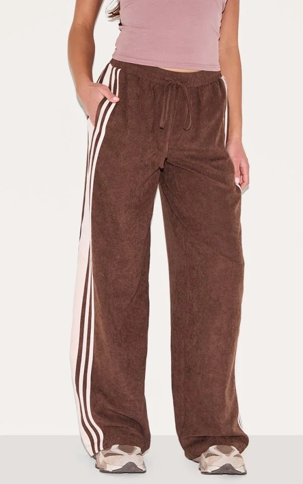 Chocolate Peach Skin Contrast Stripe Wide Leg Pants