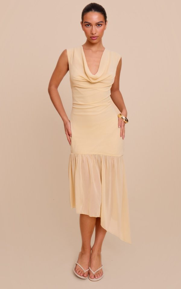 Butter Cream Chiffon Drape Detail Asymmetric Midaxi Dress
