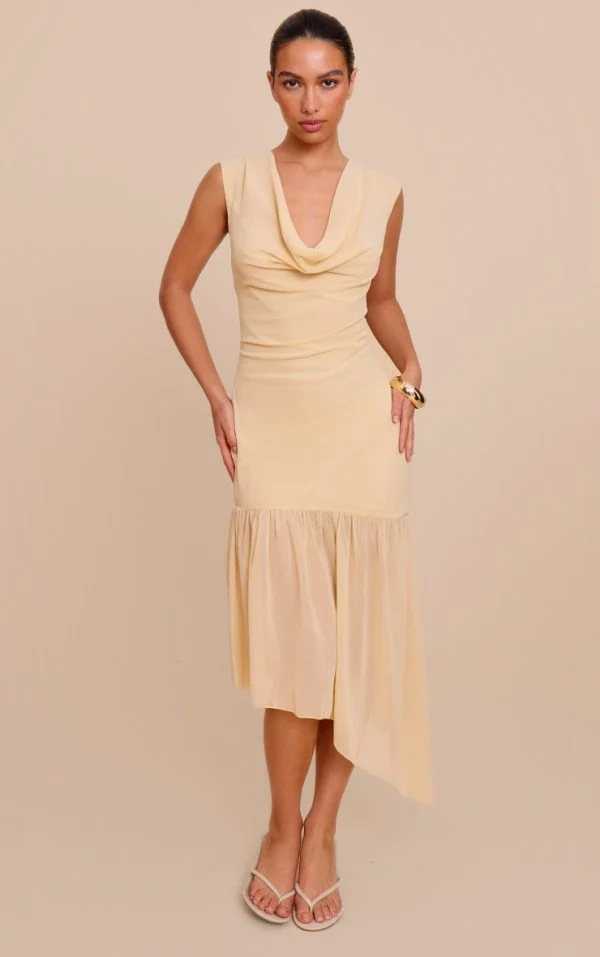 Butter Cream Chiffon Drape Detail Asymmetric Midaxi Dress