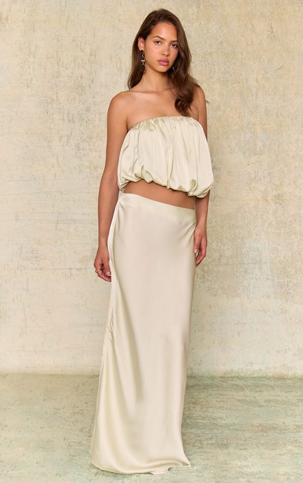 Mint Green Satin Mid Rise Maxi Skirt