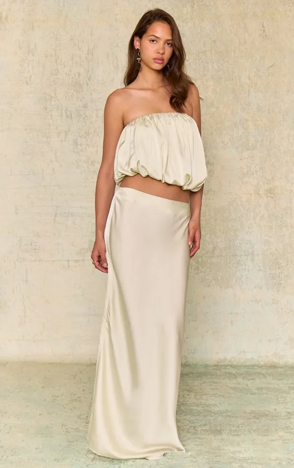 Mint Green Satin Mid Rise Maxi Skirt