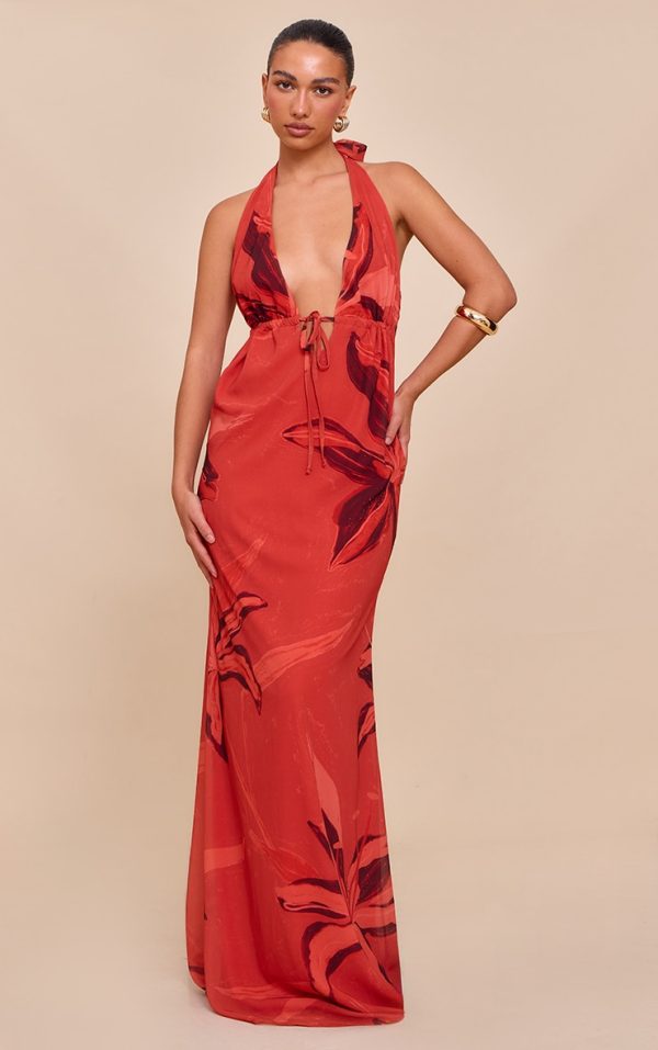 Rust Printed Plunge Tie Detail Maxi Dress