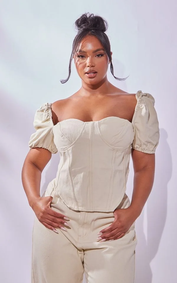 Plus Cream Puff Sleeve Denim Corset Top