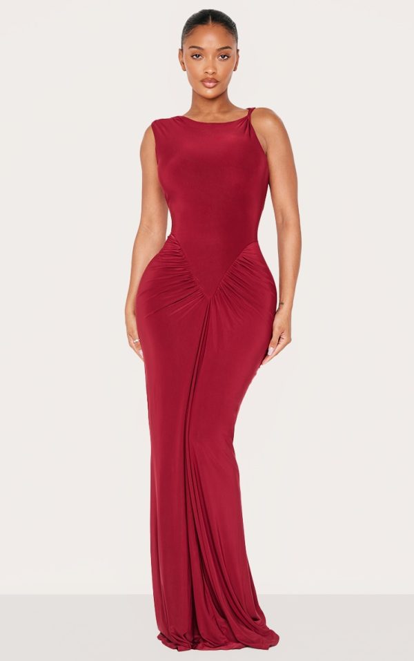 Shape Burgundy Sleeveless Ruched V Waist Maxi Dress