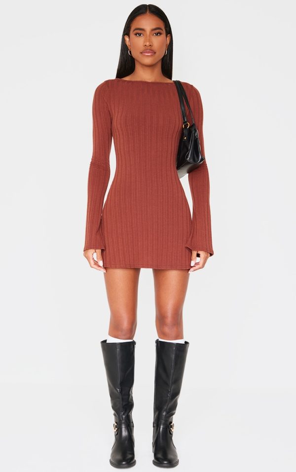 Chocolate Wide Rib Flared Sleeve Shift Dress