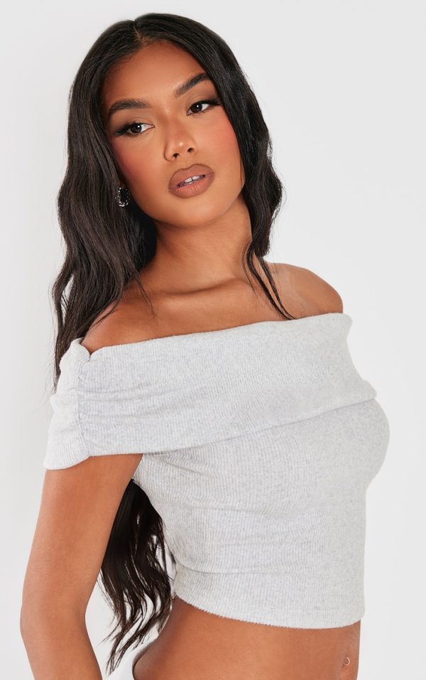 Light Grey Brushed Rib Off The Shoulder Longline Top