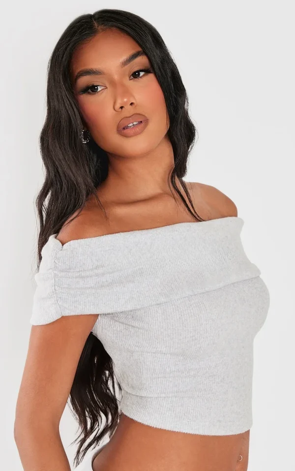 Light Grey Brushed Rib Off The Shoulder Longline Top