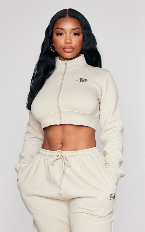 PRETTYLITTLETHING Shape Oatmeal Cropped Embroidered Detail Zip Sweatshirt