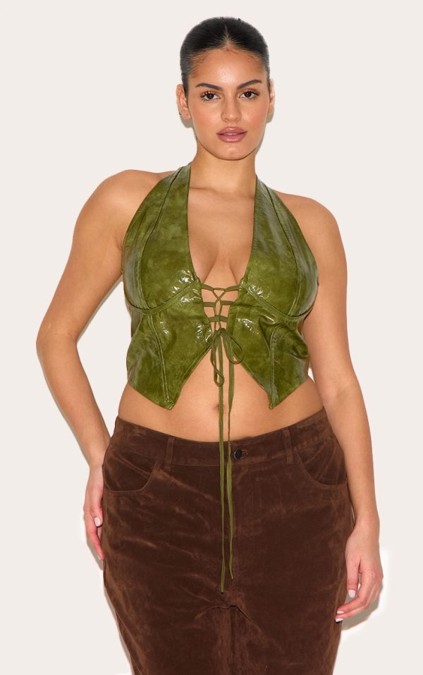 Plus Olive Washed Faux Leather Lace Up Plunge Halterneck Top