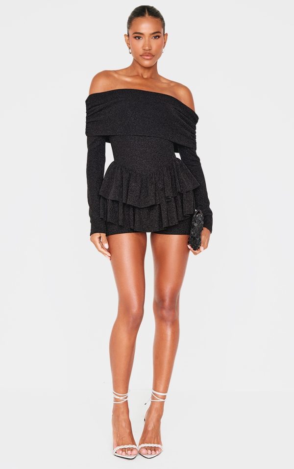 Black Glitter Bardot Long Sleeve Rara Romper