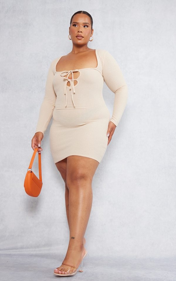 Plus Oatmeal Tie Front Longsleeve Bodycon Dress