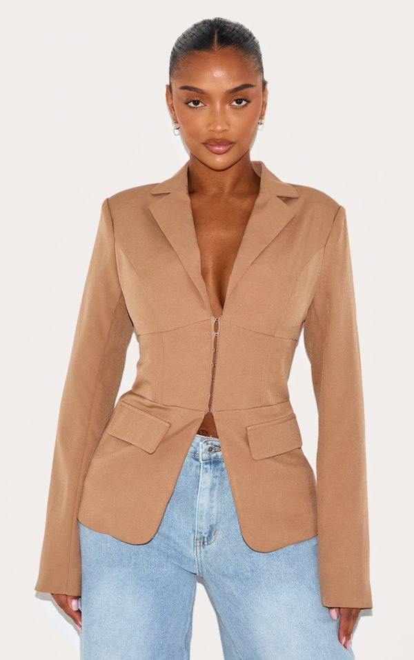 Shape Taupe Tailored Plunge Neck Cinched Waist Blazer