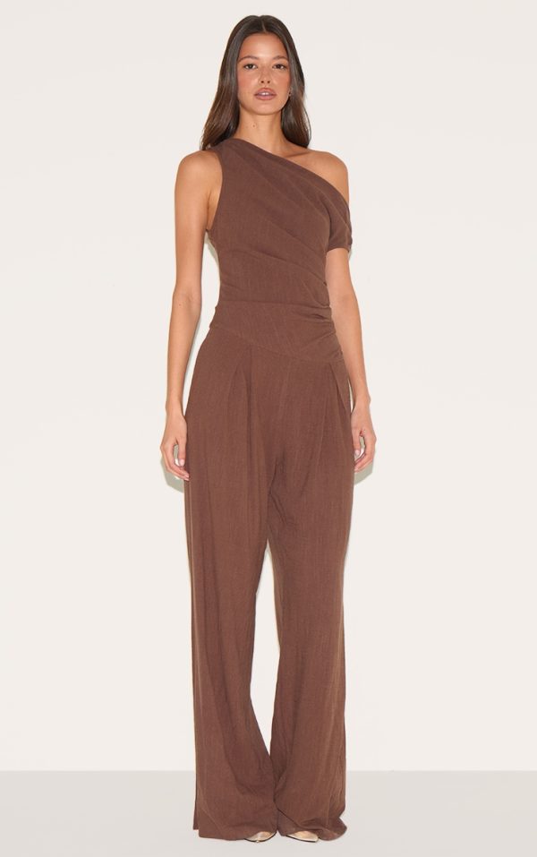 Chocolate Twist Sleeve Linen Ruched One Sleeve Jumpsuit