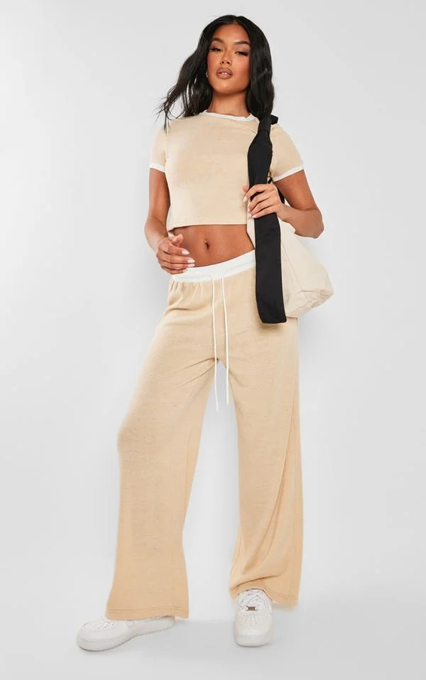 Stone Contrast Wide Leg Pants