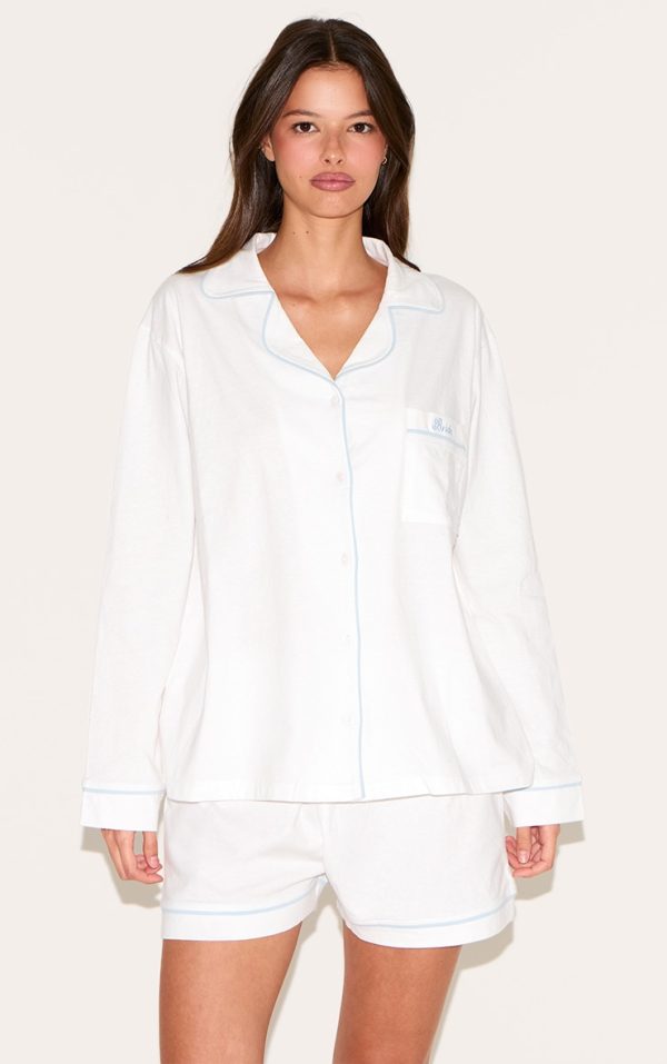 White Bride Embroidered Jersey Piping Short Pj Set
