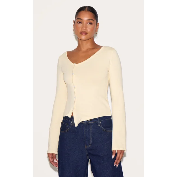 Almond Asymmetric Button Down Detail Long Sleeve Top