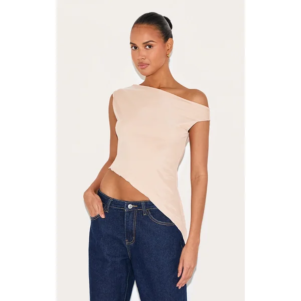 Almond Asymmetric Neck Mesh Top
