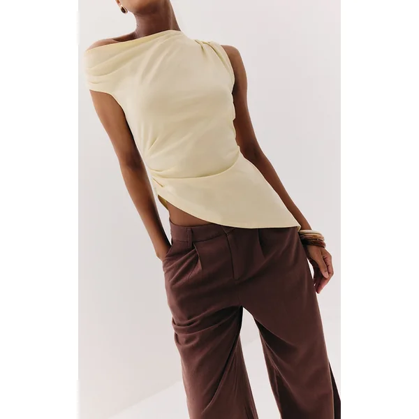 Almond Asymmetric Shoulder Extreme Longline Top