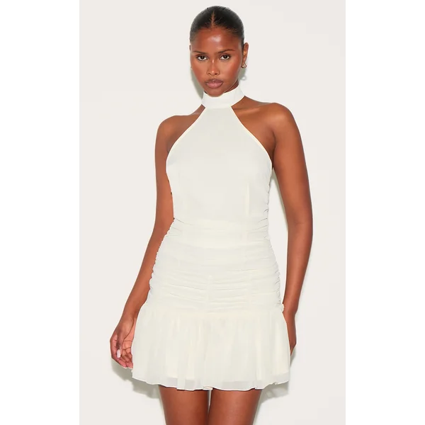 Almond Chiffon Halter Neck Mini Dress