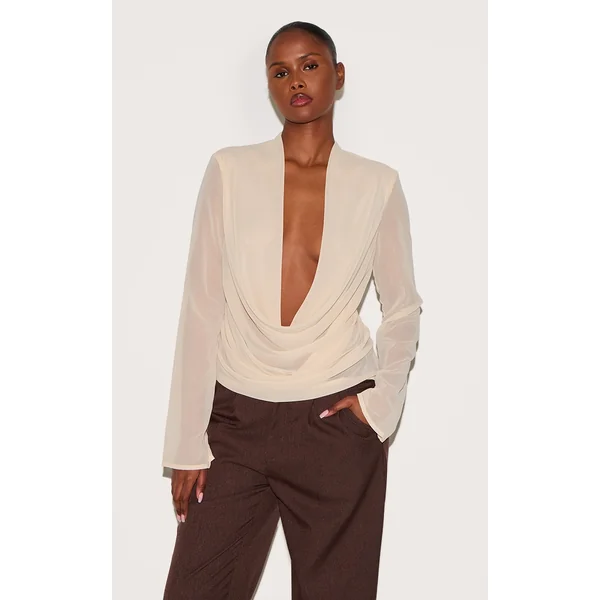 Almond Chiffon Long Sleeve Sheer Cowl Blouse