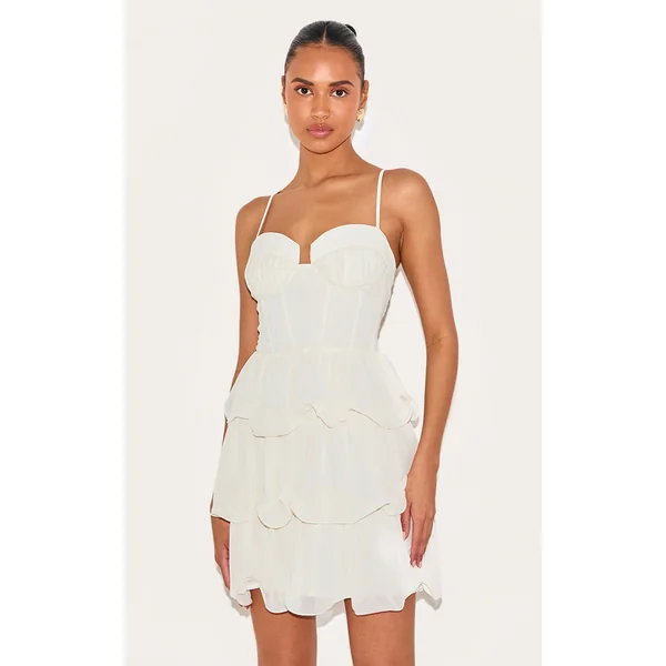 Almond Chiffon Pleat Cup Detail Frill Shift Dress