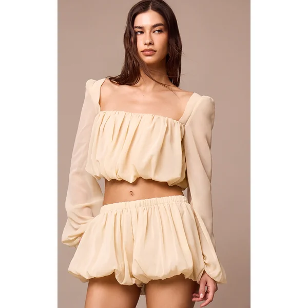 Almond Chiffon Ruched Long Sleeve Blouse