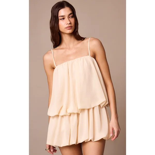 Almond Chiffon Ruched Strappy Puffball Dress