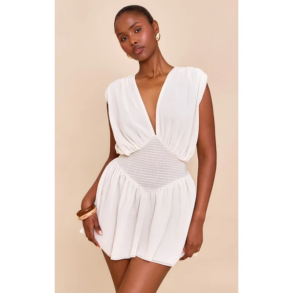 Almond Chiffon Shirred Mini Dress