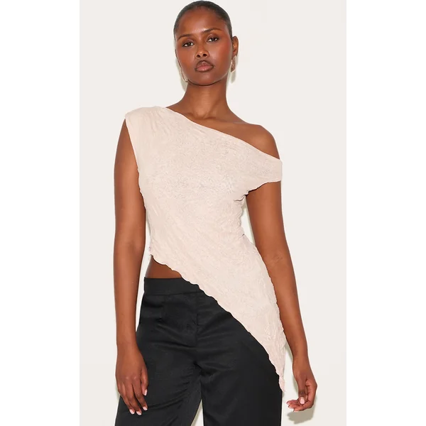 Almond Crinkle Mesh Asymmetric Neck Top