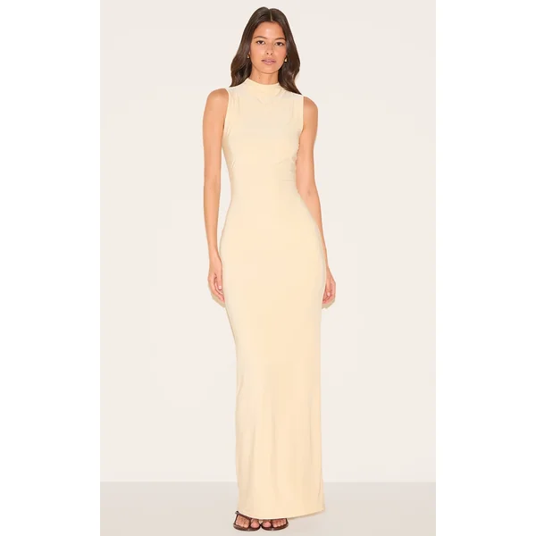 Almond Double Layer High Neck Sleeveless Maxi Dress