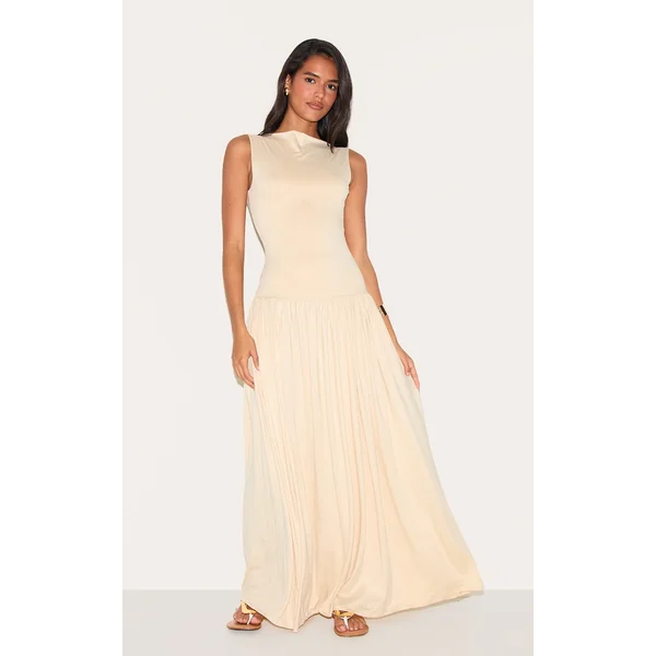 Almond Double Layer Jersey Dropped Waist Maxi Dress