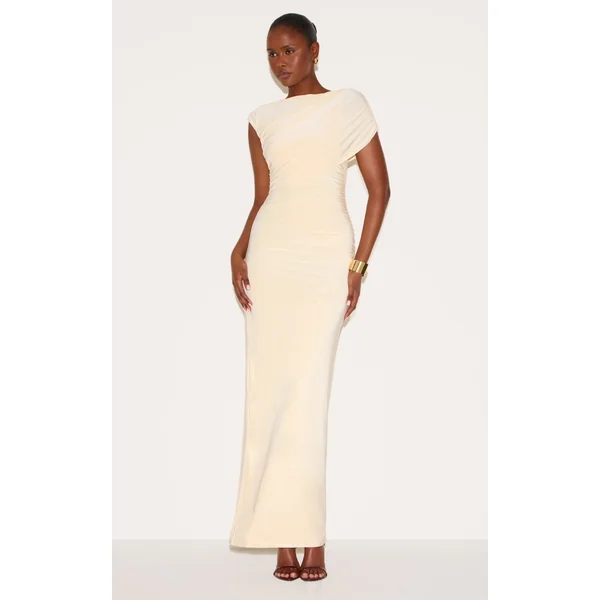 Almond Double Layer Slinky Off Shoulder Drape Maxi Dress