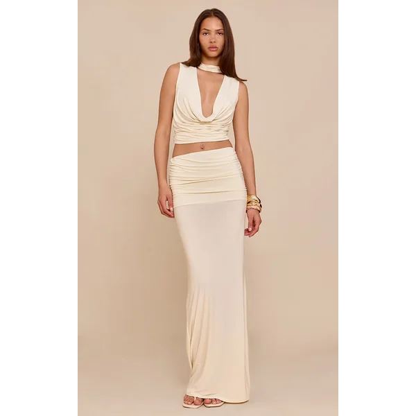 Almond Double Layer Slinky Ruched Waist Maxi Skirt
