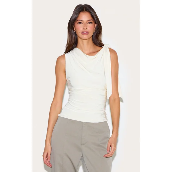 Almond Double Layer Slinky Shoulder Tie Detail Top