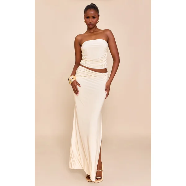 Almond Double Layer Slinky Twist Detail Maxi Skirt