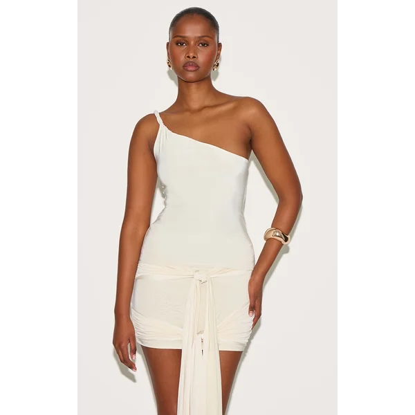 Almond Double Layer Slinky Twist Detail One Shoulder Long Top